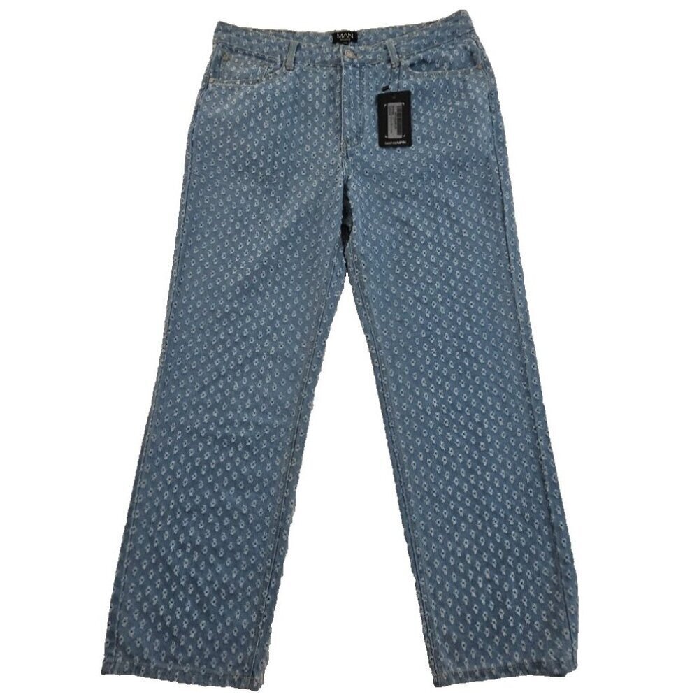Boohoo Man Distressed Pull Texture Skate‎ Jeans Men's 36x32 NEW Relaxed Fit NWT